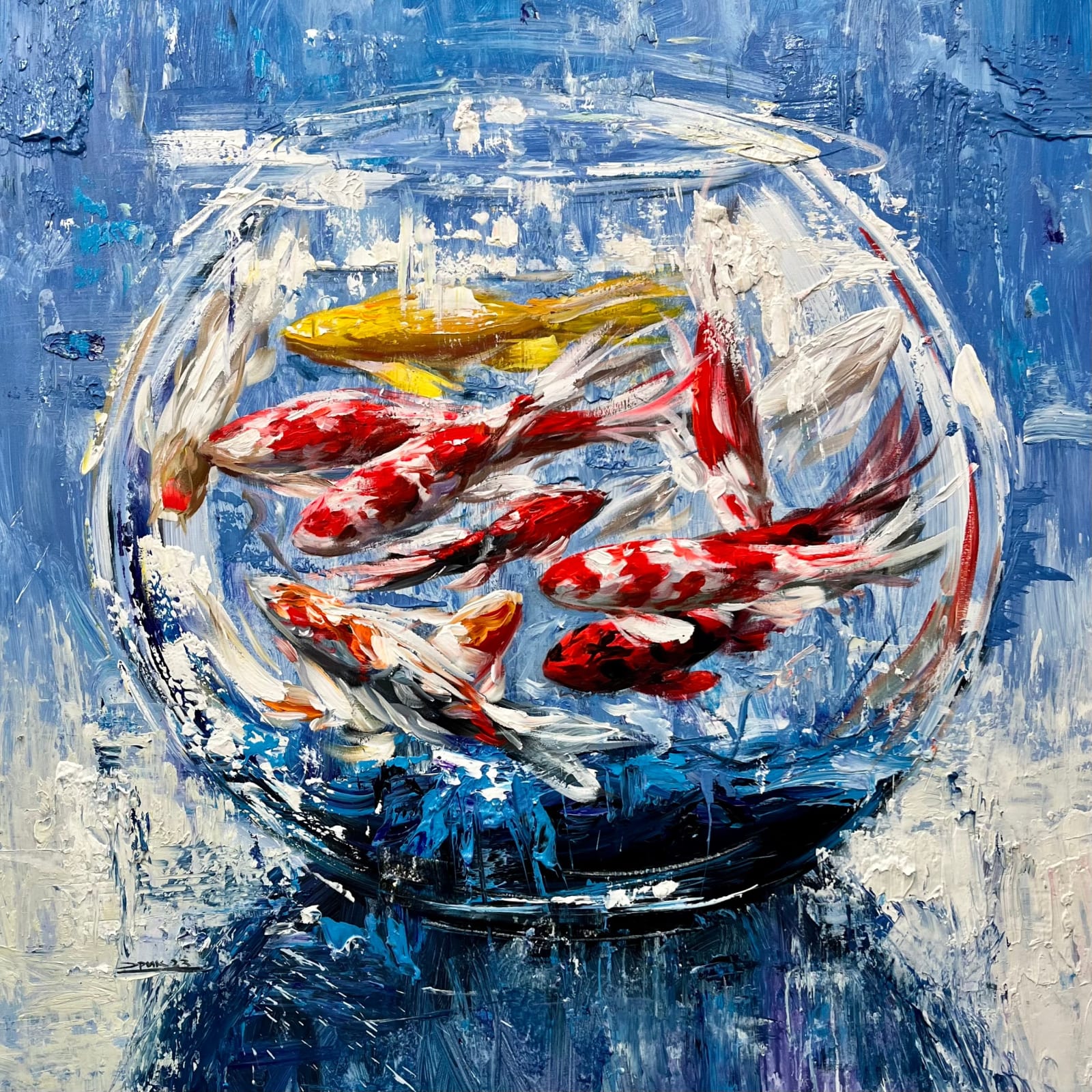 “Blue Aquarium”, painting by Eric Alfaro artist from Cuba, based in the United States. Available at Carousel Fine Art Atlanta.