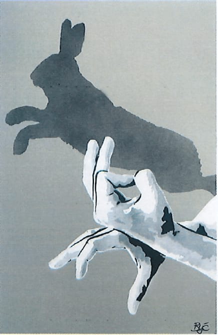 “Shadow Puppets”, mixed media work on recycled card stock by BYC artist, from Switzerland. Available at Carousel Fine Art New Buffalo