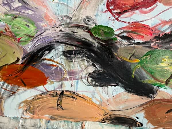 Detail photo of “Dance” painting by Eric Alfaro artist from Cuba, based in the United States. Available at Carousel Fine Art Atlanta. The artist’s technique transforms acrylic paint with his spatula into unforgettable imagery. His impasto texture captivates, while his use of color and contrast adds striking depth. Colors of this work : Blue, Green, Purple, Brown, Red, Magenta, Yellow, Orange, Pink, Grey, Black, White