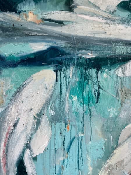 Detail photo of “Pearls” painting by Eric Alfaro artist from Cuba, based in the United States. Available at Carousel Fine Art Atlanta. The artist’s technique transforms acrylic paint with his spatula into unforgettable imagery. His impasto texture captivates, while his use of color and contrast adds striking depth. Colors of this work : Blue, Aqua, Grey, Green, White, Black