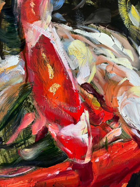 Detail photo of “The Afternoon Lights,” painting by Eric Alfaro artist from Cuba, based in the United States. Available at Carousel Fine Art Miami. The artist’s technique transforms acrylic paint with his spatula into unforgettable imagery. His impasto texture captivates, while his use of color and contrast adds striking depth. Colors of this work : Green, Blue, Red, Pink, White, Purple, Orange, Yellow, Brown, Grey, Black