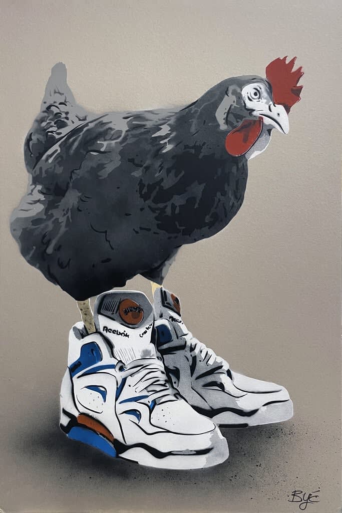 “Chicken at the Top Reebok (Grey)”, mixed media work on recycled card stock by BYC artist, from Switzerland. Available at Carousel Fine Art Atlanta