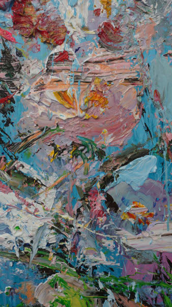 Detail photo of “White Blossom” painting by Eric Alfaro artist from Cuba, based in the United States. Available at Carousel Fine Art Atlanta. The artist’s technique transforms acrylic paint with his spatula into unforgettable imagery. His impasto texture captivates, while his use of color and contrast adds striking depth. Colors of this work : Blue, Green, Purple, Brown, Magenta, Yellow, Orange, Pink, Grey, Black, White