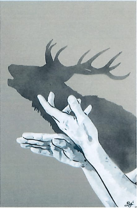 “Shadow Puppets”, mixed media work on recycled card stock by BYC artist, from Switzerland. Available at Carousel Fine Art New Buffalo
