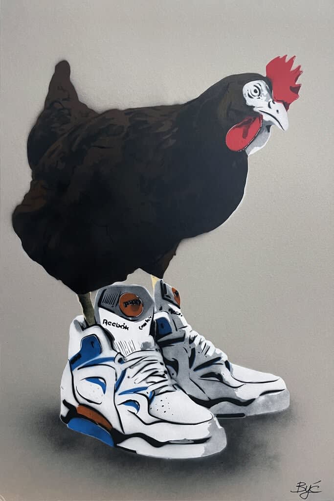 “Chicken at the Top Reebok (Black)”, mixed media work on recycled card stock by BYC artist, from Switzerland. Available at Carousel Fine Art Atlanta