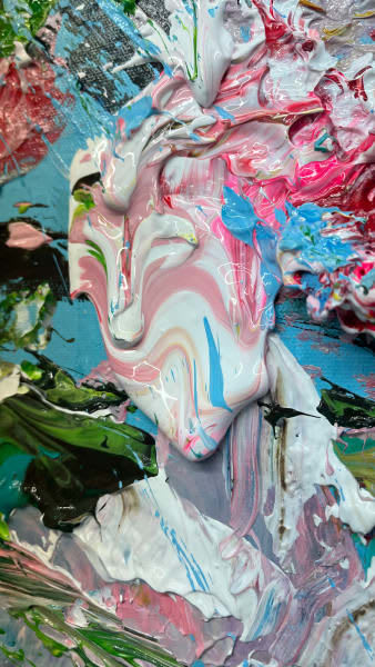 Detail photo of “White Blossom” painting by Eric Alfaro artist from Cuba, based in the United States. Available at Carousel Fine Art Atlanta. The artist’s technique transforms acrylic paint with his spatula into unforgettable imagery. His impasto texture captivates, while his use of color and contrast adds striking depth. Colors of this work : Blue, Green, Purple, Brown, Magenta, Yellow, Orange, Pink, Grey, Black, White