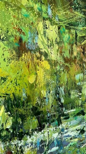 Detail photo of “Pond” painting by Eric Alfaro artist from Cuba, based in the United States. Available at Carousel Fine Art Atlanta. The artist’s technique transforms acrylic paint with his spatula into unforgettable imagery. His impasto texture captivates, while his use of color and contrast adds striking depth. Colors of this work : Green, Blue, Pink, Magenta, Red, Orange, Yellow, Purple, Brown, Black, White