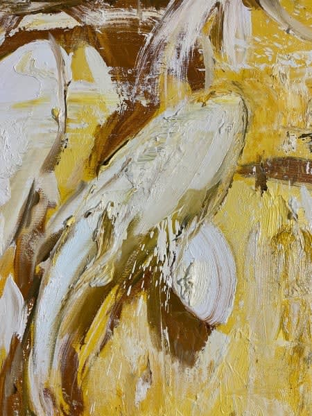 Detail photo of “Gold” painting by Eric Alfaro artist from Cuba, based in the United States. Available at Carousel Fine Art Atlanta. The artist’s technique transforms acrylic paint with his spatula into unforgettable imagery. His impasto texture captivates, while his use of color and contrast adds striking depth. Colors of this work : Yellow, Brown, White, Black