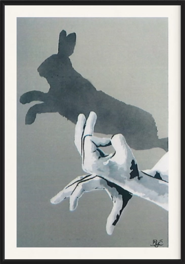 “Shadow Puppets”, mixed media work on recycled card stock by BYC artist, from Switzerland. Available at Carousel Fine Art New Buffalo