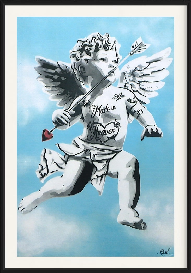 “Made In Heaven”, mixed media on recycled card stock by BYC artist, from Switzerland. Available at Carousel Fine Art Miami