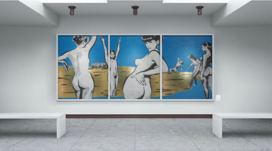 “Les Baigneuses et l’Aviron”, mixed media work on recycled card stock by BYC artist, from Switzerland. Available at Carousel Fine Art Miami.