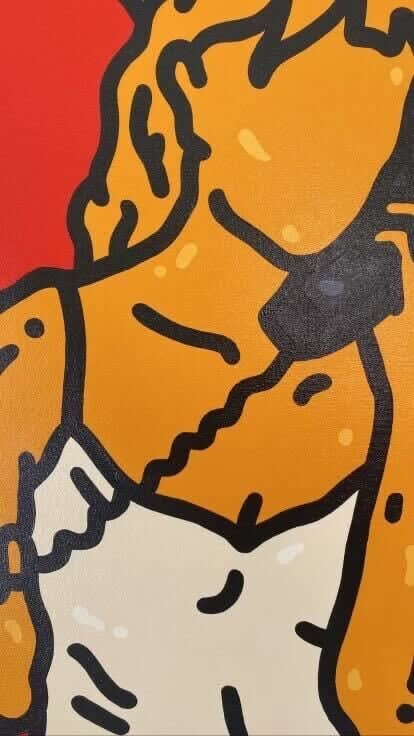 Detail photo of “Just Because She Can”, painting by Chance Cooper artist from United States, based in LA. Available at Carousel Fine Art Miami. The artist's technique with oil on canvas celebrates the sacred art of storytelling, with each painting evoking the sense of a page torn from one’s life. His work is recognized as a playground where his characters reveal their existential secrets. Colors of this work : Red, Orange, Yellow, Beige, Black, Green, Grey, White