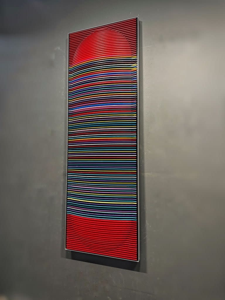 3d artwork by Venezuelan contemporary artist J.Margulis made from colorful plastic sheets, creating a sculptural painting.