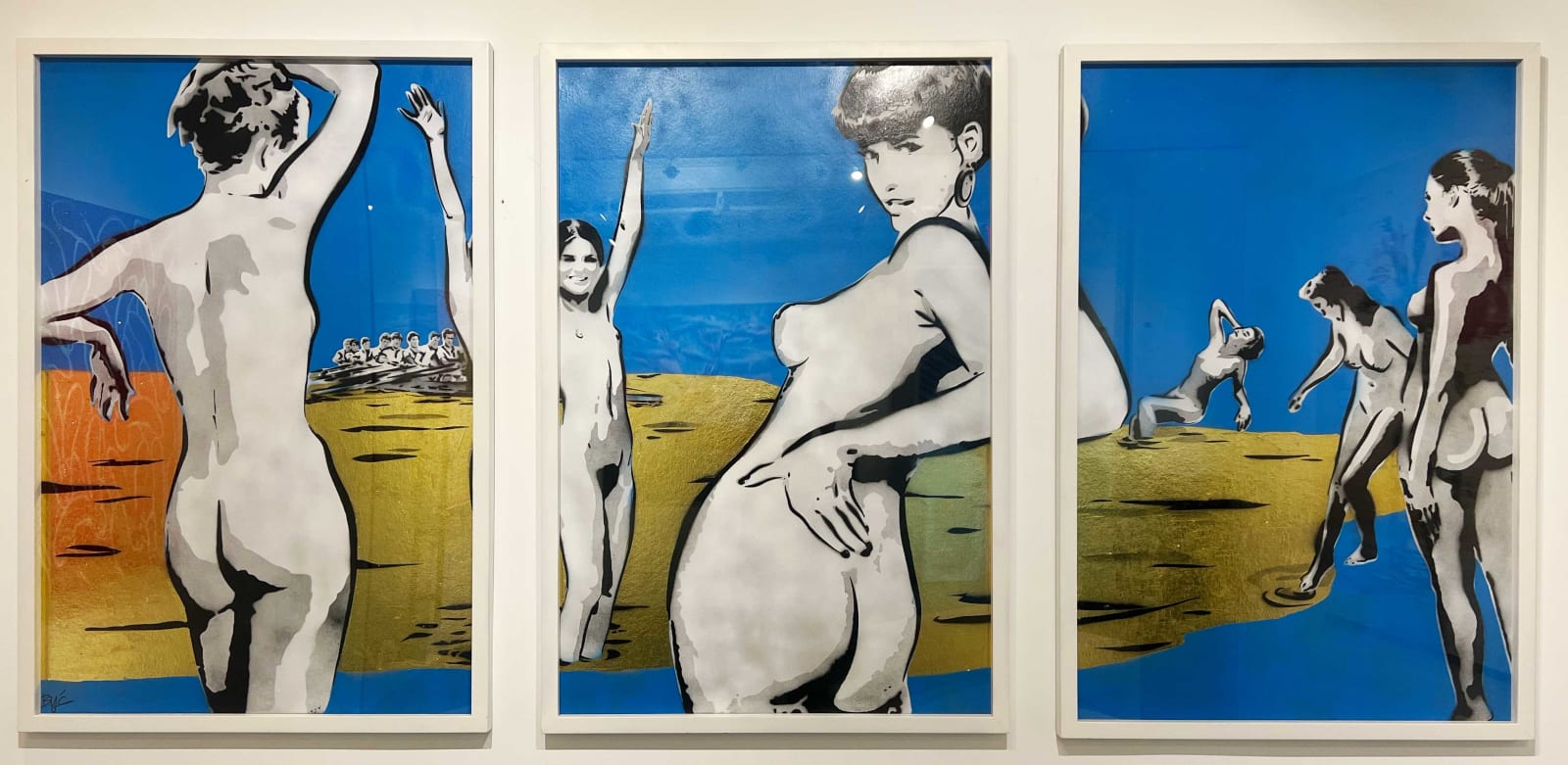 “Les Baigneuses et l’Aviron”, mixed media work on recycled card stock by BYC artist, from Switzerland. Available at Carousel Fine Art Miami.