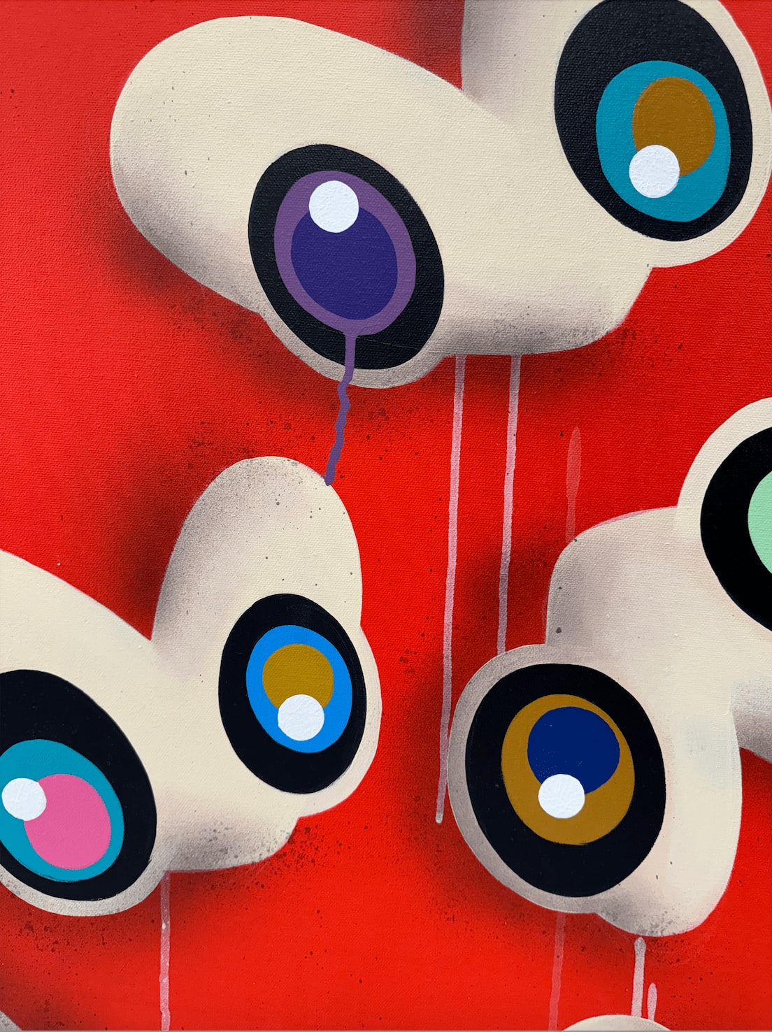 “Supreme Floaters”, mixed media artwork by John Westbay artist from Brooklyn, NY. Available at Carousel Fine Art Atlanta. The artist's mixed media technique is known for the iconic LOVE logo. John's vibrant work blends nostalgia with the present, featuring three-dimensional hearts with cartoon eyes. These varied shapes and colors, sometimes happy or sad, reflect the complexity of love and life. Colors of this work : Red, Blue, Green, Pink, Purple, Beige, Brown, White, Black