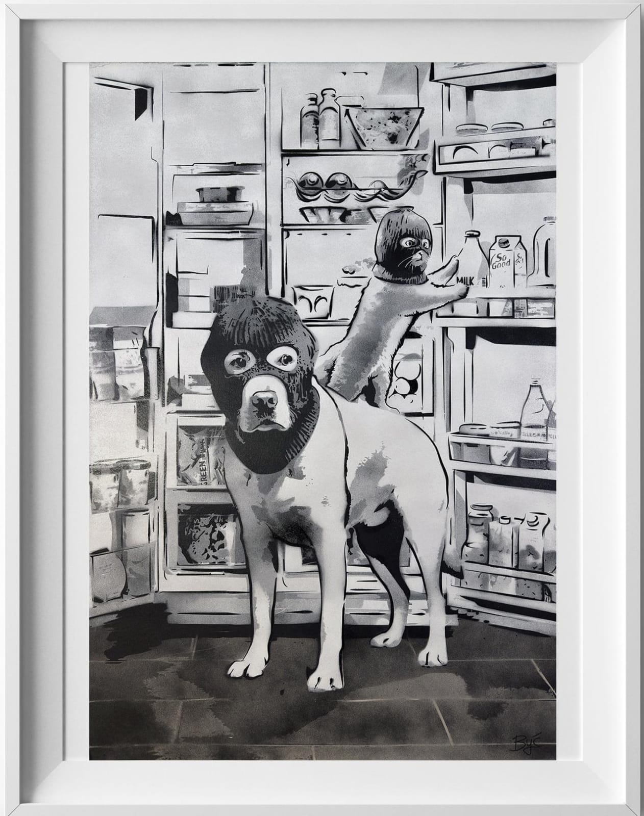 “Organized Crime”, mixed media work on recycled card stock by BYC artist, from Switzerland. Available at Carousel Fine Art Atlanta