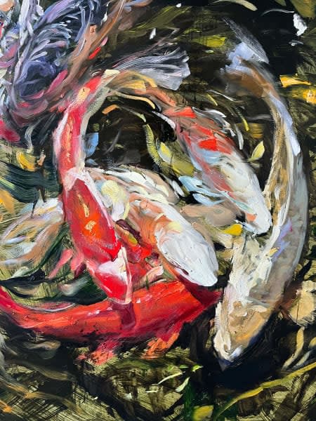 Detail photo of “The Afternoon Lights,” painting by Eric Alfaro artist from Cuba, based in the United States. Available at Carousel Fine Art Miami. The artist’s technique transforms acrylic paint with his spatula into unforgettable imagery. His impasto texture captivates, while his use of color and contrast adds striking depth. Colors of this work : Green, Blue, Red, Pink, White, Purple, Orange, Yellow, Brown, Grey, Black