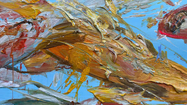 Detail photo of “Serenity” painting by Eric Alfaro artist from Cuba, based in the United States. Available at Carousel Fine Art Atlanta. The artist’s technique transforms acrylic paint with his spatula into unforgettable imagery. His impasto texture captivates, while his use of color and contrast adds striking depth. Colors of this work : Blue, Brown, Red, Yellow, Orange, Pink, Grey, Black, White