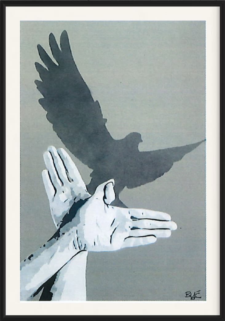 “Shadow Puppets”, mixed media work on recycled card stock by BYC artist, from Switzerland. Available at Carousel Fine Art New Buffalo