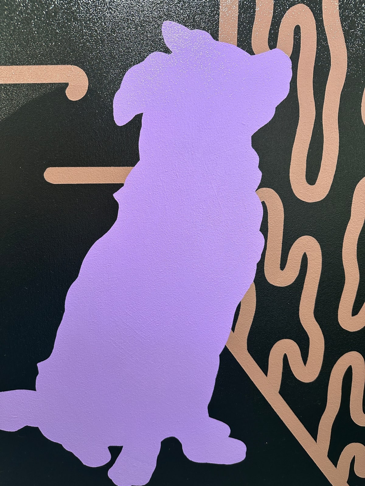 Detail photo of “Can You Keep A Secret”, painting by Chance Cooper artist from United States, based in LA. Available at Carousel Fine Art Miami. The artist's technique with oil on canvas celebrates the sacred art of storytelling, with each painting evoking the sense of a page torn from one’s life. His work is recognized as a playground where his characters reveal their existential secrets. Colors of this work : Blue, Green, Purple, Pink, Orange, Brown, Black