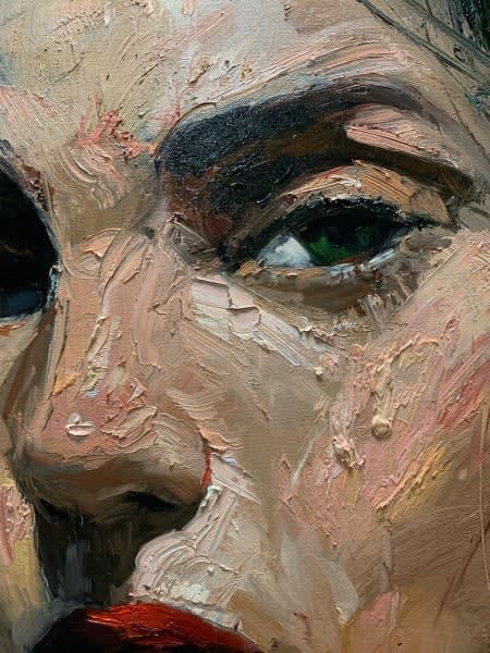 Detail photo of “Alexandra,” painting by Eric Alfaro artist from Cuba, based in the United States. Available at Carousel Fine Art Miami. The artist’s technique transforms acrylic paint with his spatula into unforgettable imagery. His impasto texture captivates, while his use of color and contrast adds striking depth. Colors of this work : Blue, Red, Pink, Green, Beige, White, Yellow, Orange, Brown, Beige, Black
