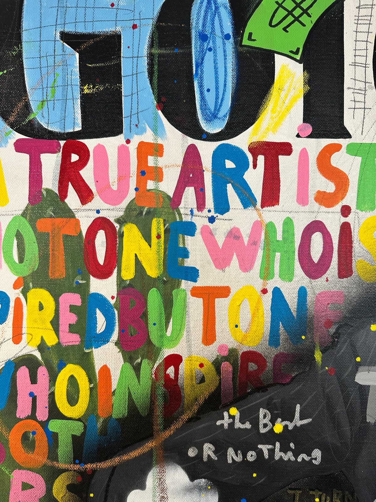 Detail photo of Bulls and Dali”, mixed media work by Jisbar artist from France, based in Portugal. Available at Carousel Fine Art Chicago. The artist’s hyper-saturated works blend Pop art with cultural references from fashion, music, and street art. He is known for his colorful, cryptic reinterpretations of iconic art history figures in mixed media on canvas. Colors of this work : Blue, Green, Teal, Red, Burgundy, Pink, Yellow, Purple, Black, Orange, Grey, White