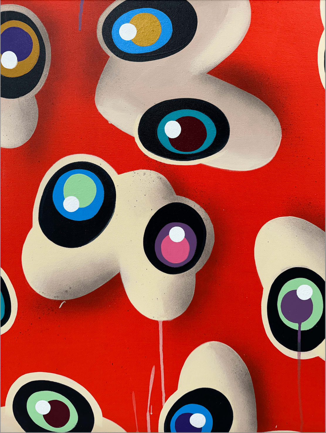 “Supreme Floaters”, mixed media artwork by John Westbay artist from Brooklyn, NY. Available at Carousel Fine Art Atlanta. The artist's mixed media technique is known for the iconic LOVE logo. John's vibrant work blends nostalgia with the present, featuring three-dimensional hearts with cartoon eyes. These varied shapes and colors, sometimes happy or sad, reflect the complexity of love and life. Colors of this work : Red, Blue, Green, Pink, Purple, Beige, Brown, White, Black