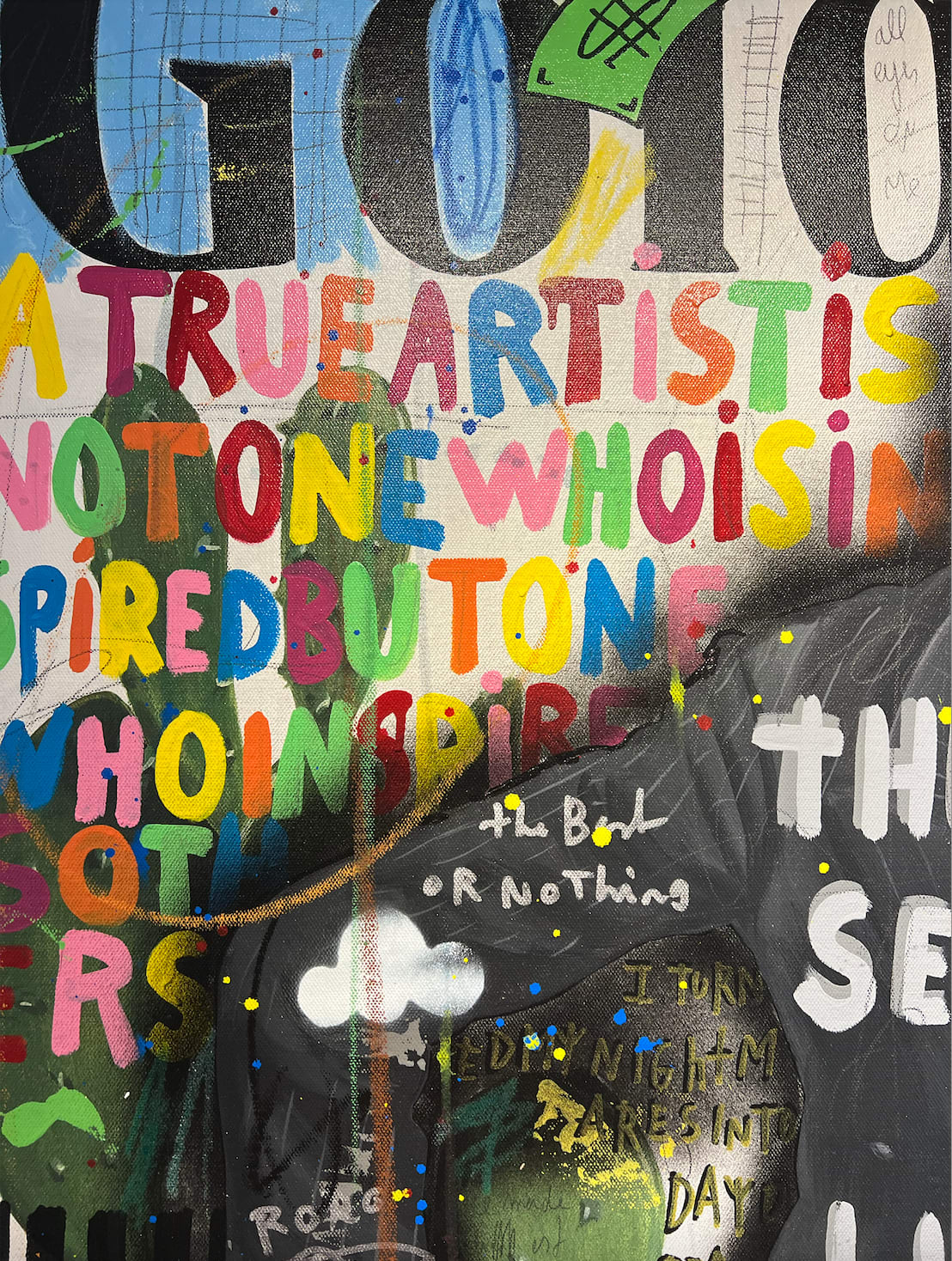 Detail photo of Bulls and Dali”, mixed media work by Jisbar artist from France, based in Portugal. Available at Carousel Fine Art Chicago. The artist’s hyper-saturated works blend Pop art with cultural references from fashion, music, and street art. He is known for his colorful, cryptic reinterpretations of iconic art history figures in mixed media on canvas. Colors of this work : Blue, Green, Teal, Red, Burgundy, Pink, Yellow, Purple, Black, Orange, Grey, White