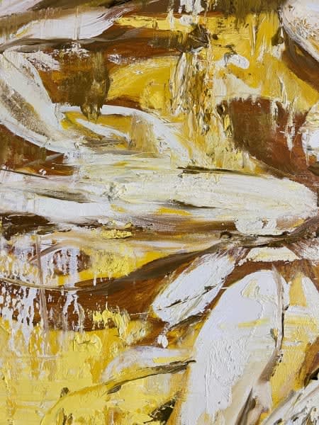 Detail photo of “Gold” painting by Eric Alfaro artist from Cuba, based in the United States. Available at Carousel Fine Art Atlanta. The artist’s technique transforms acrylic paint with his spatula into unforgettable imagery. His impasto texture captivates, while his use of color and contrast adds striking depth. Colors of this work : Yellow, Brown, White, Black