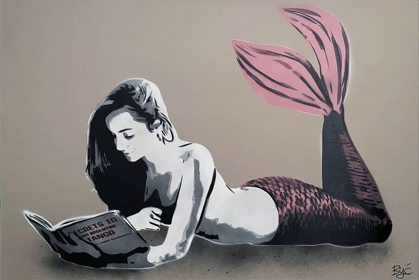 Detail photo of “Mermaid Tango Dream”, mixed media work on recycled card stock by BYC artist, from Switzerland. Available at Carousel Fine Art Miami. With a reimagined vision of Street and Contemporary Art, the artist's technique involves spray paint and acrylic marker. This artwork invites us to reflect on our own dreams and the paths to achieving them, even when they appear out of reach. Colors of this work : Grey, Black, White, Pink