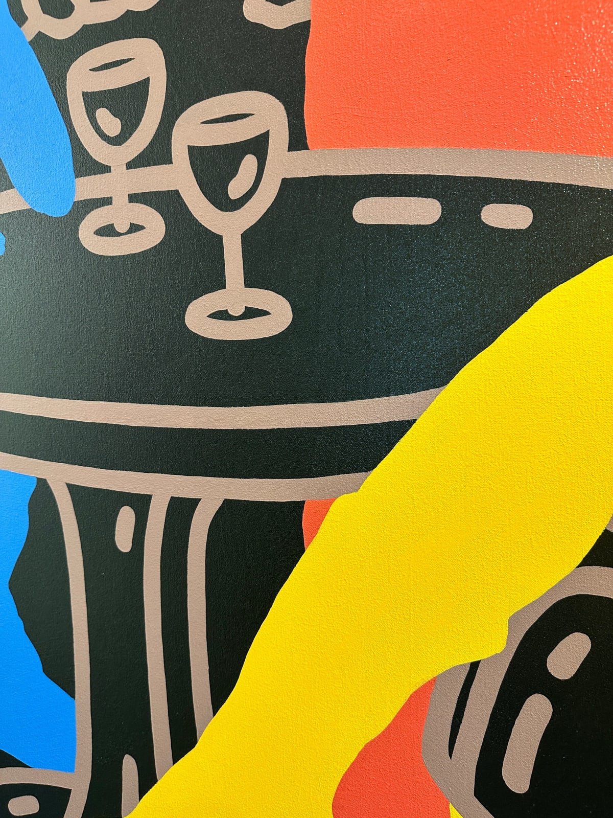 Detail photo of “Tell Me Something I Don't Know”, painting by Chance Cooper artist from United States, based in LA. Available at Carousel Fine Art Miami. The artist's technique with oil on canvas celebrates the sacred art of storytelling, with each painting evoking the sense of a page torn from one’s life. His work is recognized as a playground where his characters reveal their existential secrets. Colors of this work : Blue, Green, Orange, Brown, Black