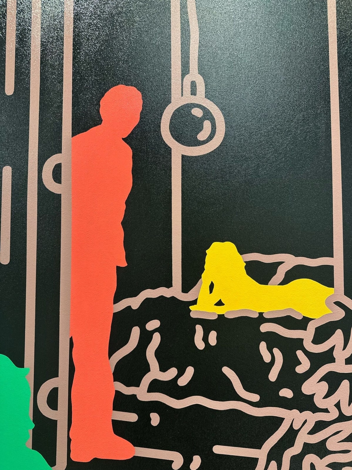 Detail photo of “Never Leave Me Alone”, painting by Chance Cooper artist from United States, based in LA. Available at Carousel Fine Art Atlanta. The artist's technique with oil on canvas celebrates the sacred art of storytelling, with each painting evoking the sense of a page torn from one’s life. His work is recognized as a playground where his characters reveal their existential secrets. Colors of this work : Blue, Green, Pink, Orange, Yellow, Brown, Black