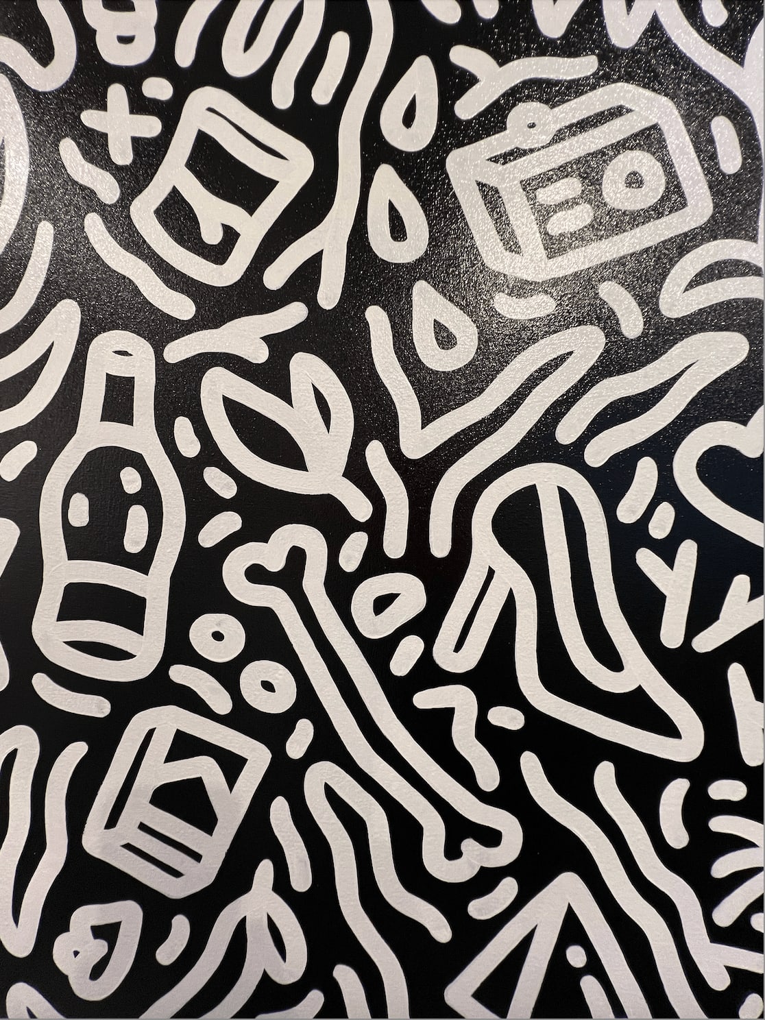 Detail photo of “Night in St. Tropez”, painting by Chance Cooper artist from United States, based in LA. Available at Carousel Fine Art Atlanta. The artist's technique with oil on canvas celebrates the sacred art of storytelling, with each painting evoking the sense of a page torn from one’s life. His work is recognized as a playground where his characters reveal their existential secrets. Colors of this work : Black, White