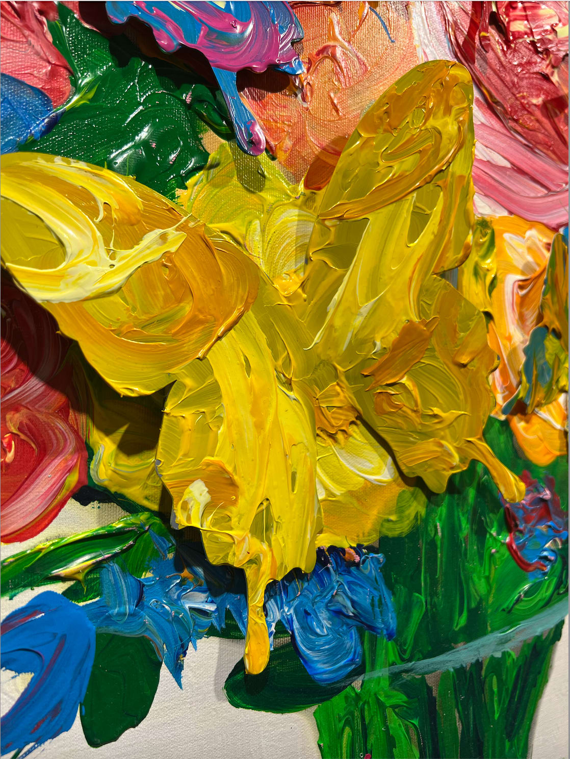 Detail photo of “554”, mixed media artwork by Punk Me Tender artist from France, based in LA. Available at Carousel Fine Art Miami. The artist’s technique involves acrylic on canvas, and aluminum butterflies. The butterfly, a signature element in his work, is used to create a transformative experience for viewers. Colors of this work hues of: Blue, Green, Red, Pink, Yellow, Orange, White