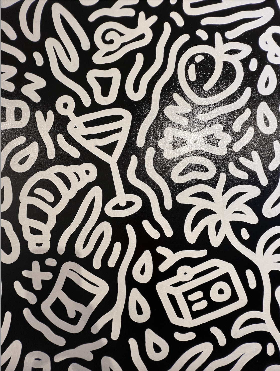 Detail photo of “Night in St. Tropez”, painting by Chance Cooper artist from United States, based in LA. Available at Carousel Fine Art Atlanta. The artist's technique with oil on canvas celebrates the sacred art of storytelling, with each painting evoking the sense of a page torn from one’s life. His work is recognized as a playground where his characters reveal their existential secrets. Colors of this work : Black, White