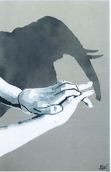 “Shadow Puppets”, mixed media work on recycled card stock by BYC artist, from Switzerland. Available at Carousel Fine Art New Buffalo