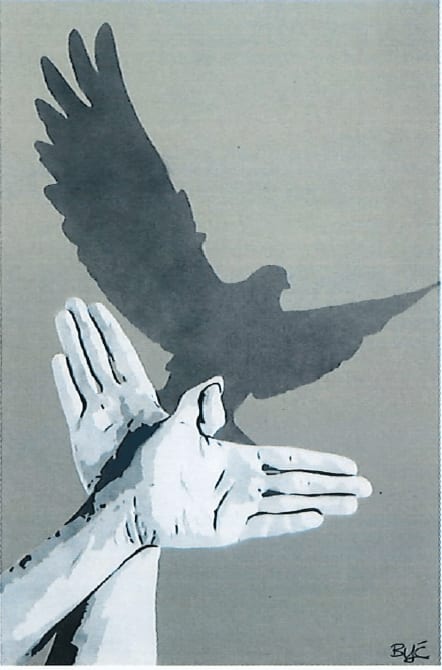 “Shadow Puppets”, mixed media work on recycled card stock by BYC artist, from Switzerland. Available at Carousel Fine Art New Buffalo