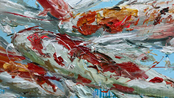 Detail photo of “Serenity” painting by Eric Alfaro artist from Cuba, based in the United States. Available at Carousel Fine Art Atlanta. The artist’s technique transforms acrylic paint with his spatula into unforgettable imagery. His impasto texture captivates, while his use of color and contrast adds striking depth. Colors of this work : Blue, Brown, Red, Yellow, Orange, Pink, Grey, Black, White