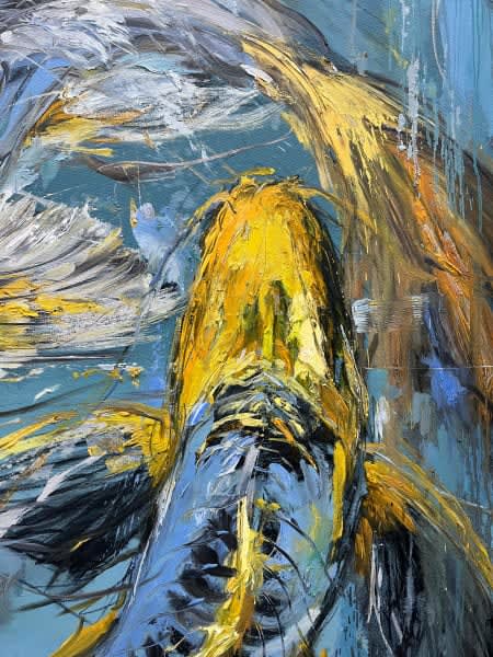 Detail photo of “DANCING 03,” painting by Eric Alfaro artist from Cuba, based in the United States. Available at Carousel Fine Art Miami. The artist’s technique transforms acrylic paint with his spatula into unforgettable imagery. His impasto texture captivates, while his use of color and contrast adds striking depth. Colors of this work : Blue, White, Yellow, Orange, Brown, Red, Pink, Grey, Black