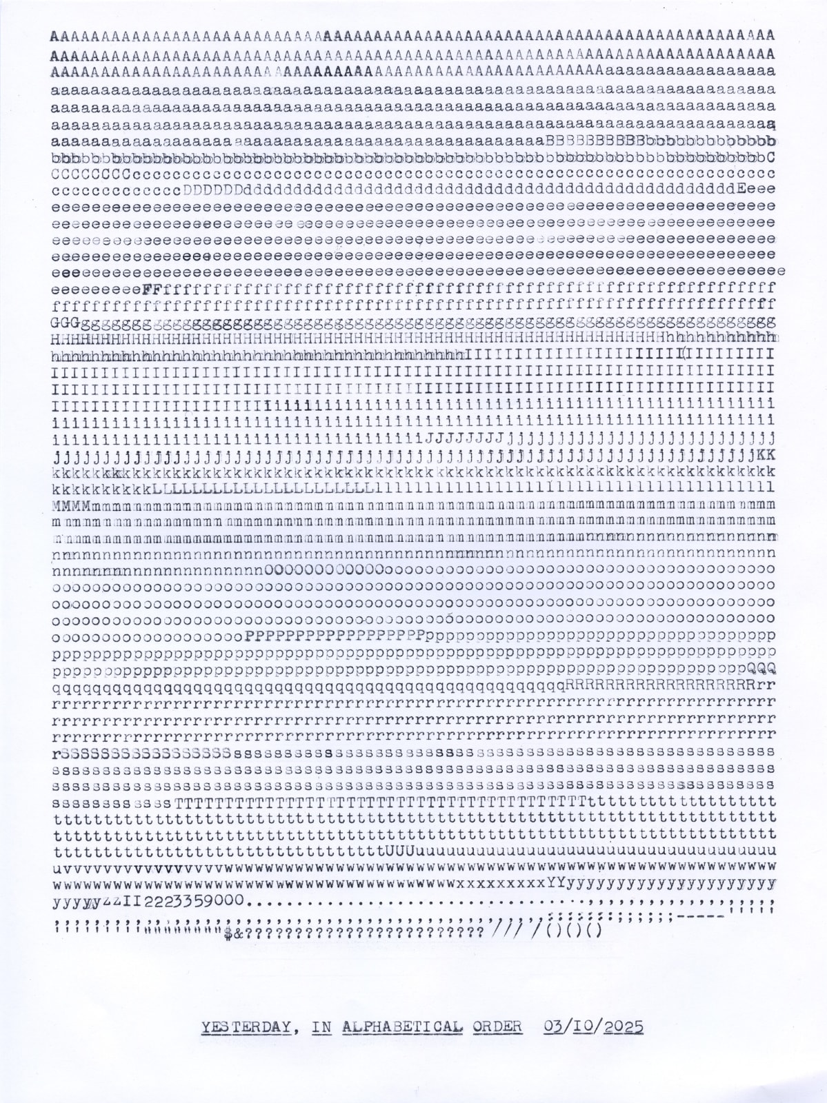 Lenka Clayton, Yesterday, Alphabetical in the series "Typewriter Drawings", 2025