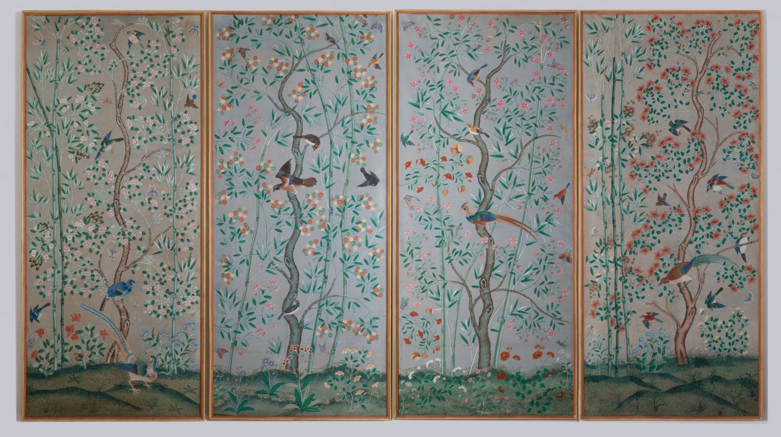FOUR PANELS PAINTED WITH FLORAL MOTIFS AND BIRDS, China, 18th Century (for European market)
