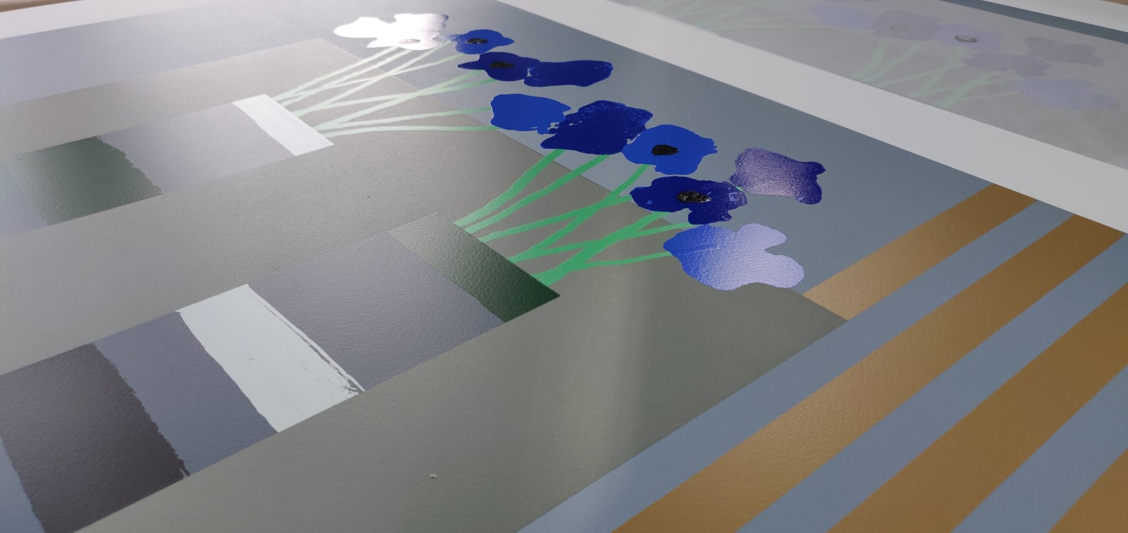 Bruce Mclean, Two Minimal Vases in a Grey Interior with Blue Anemones, 2022