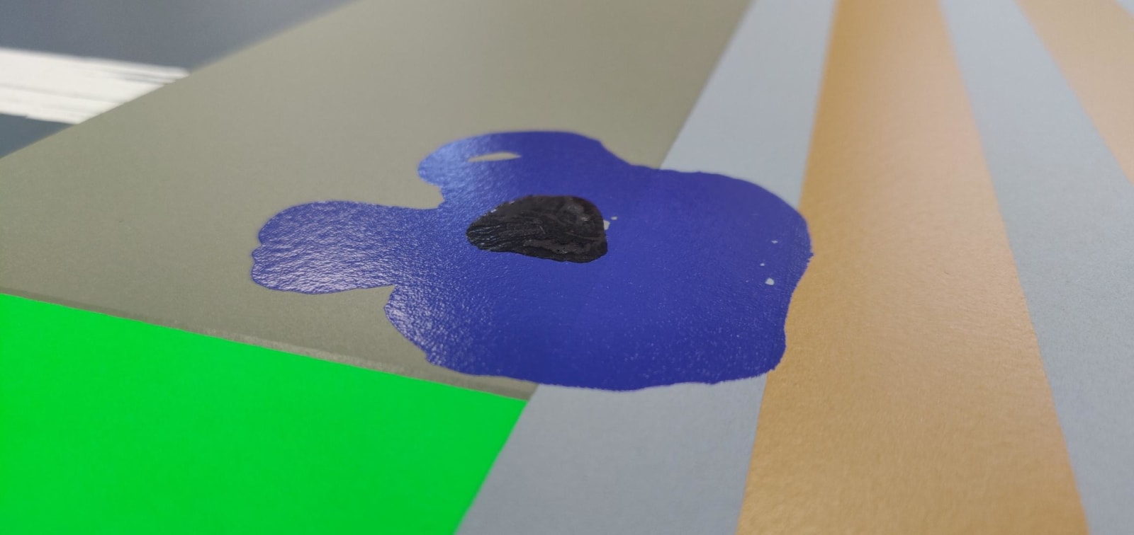 Bruce Mclean, Two Minimal Vases in a Grey Interior with Blue Anemones, 2022