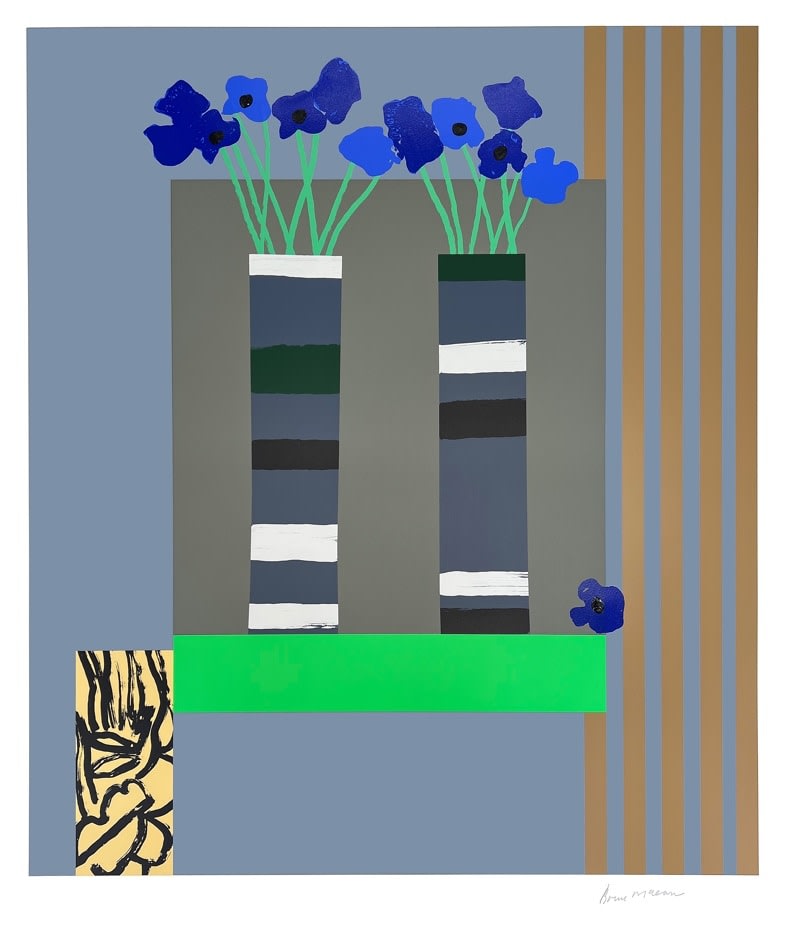 Bruce Mclean, Two Minimal Vases in a Grey Interior with Blue Anemones, 2022