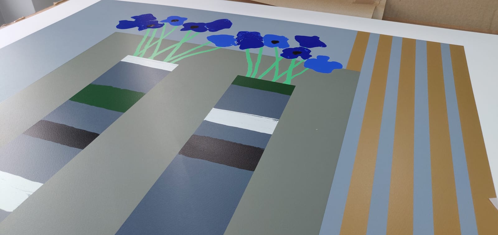Bruce Mclean, Two Minimal Vases in a Grey Interior with Blue Anemones, 2022