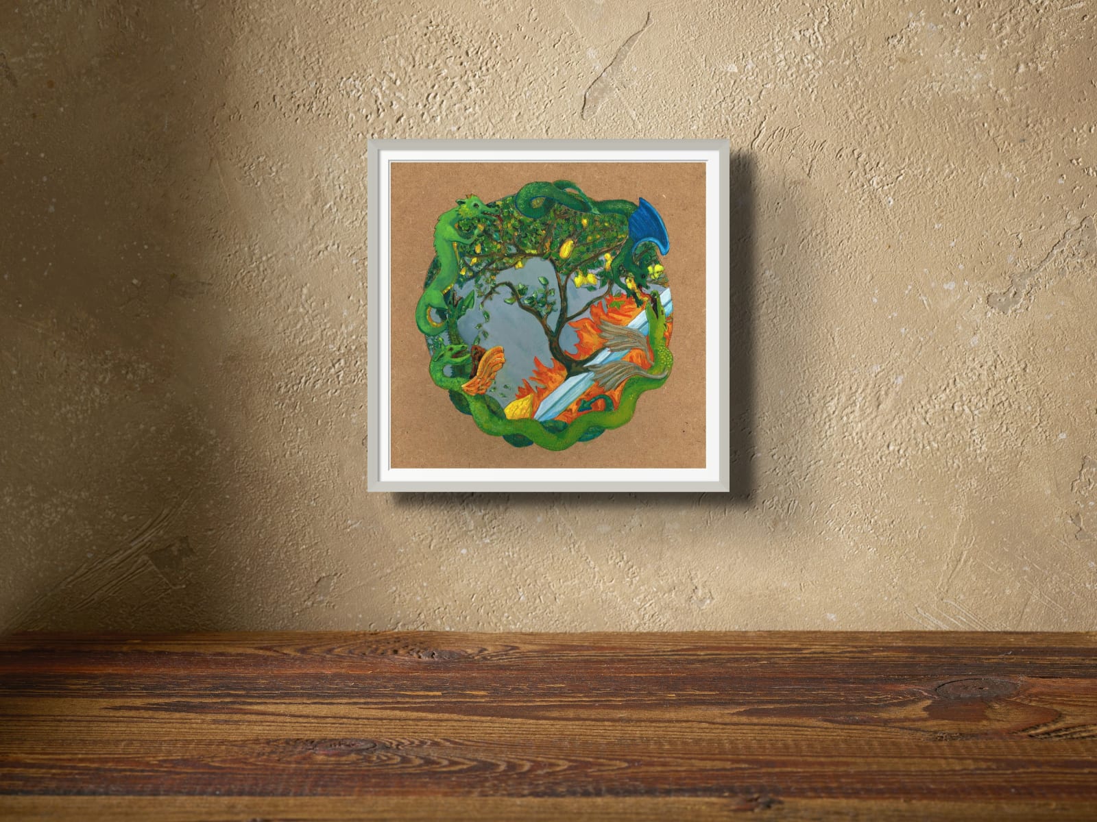 Example image of framed version Charlie Kirkham Dragons Leaving Eden gouache painting