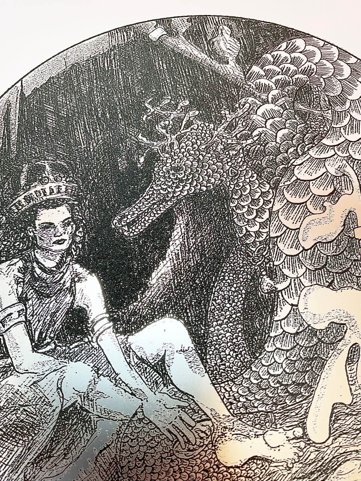 Andromeda and Dragon, laser engraving on brushed silver acrylic sheet, based on original hand drawing by Charlie Kirkham