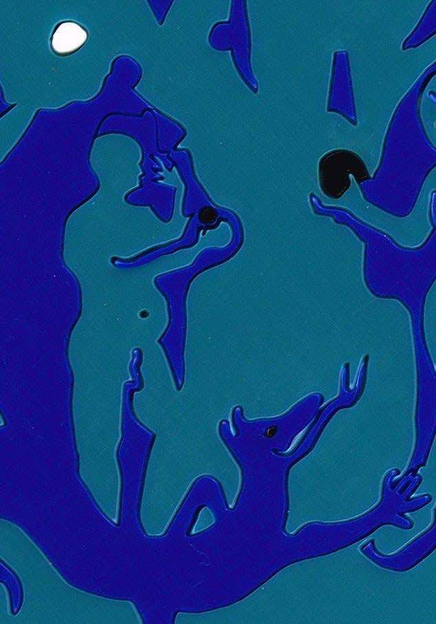 Temptation in Eden, teal, blue, black white acrylic signage sheet cut into a circle featuring adam eve and dragon. Charlie Kirkham art
