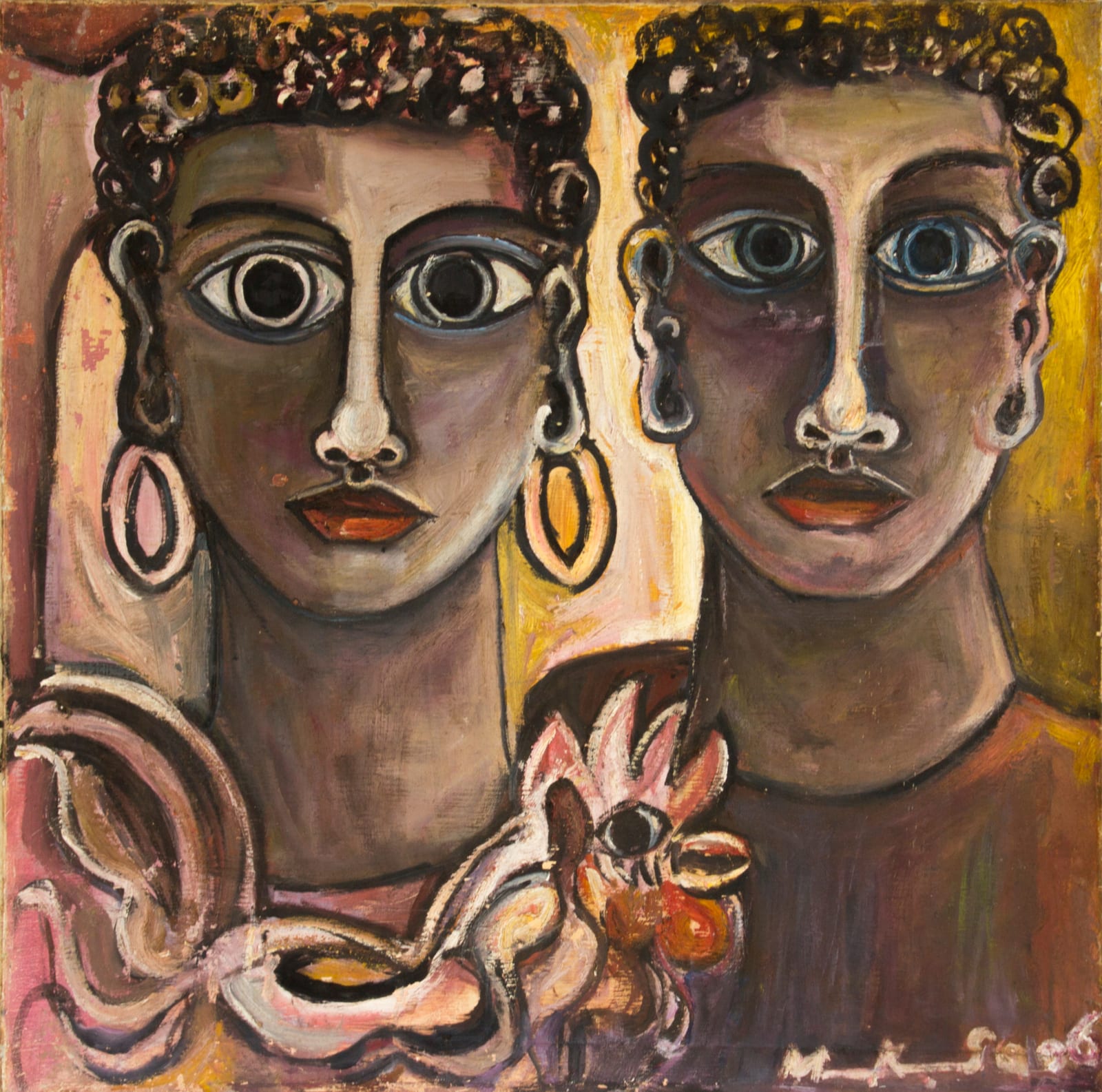 Geoffrey Mukasa, Two Ladies with Cockerel, 2007