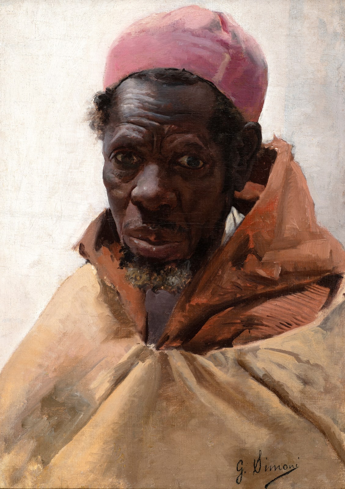 GUSTAVO SIMONI, Portrait of a Man, wearing a pink cap and orange burnous